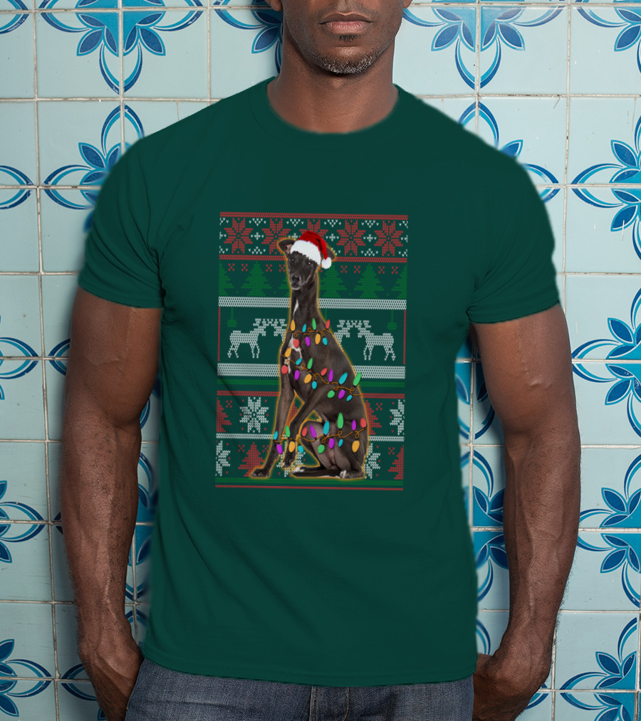 Greyhound Christmas Santa Hat And Lights Ugly T-Shirt