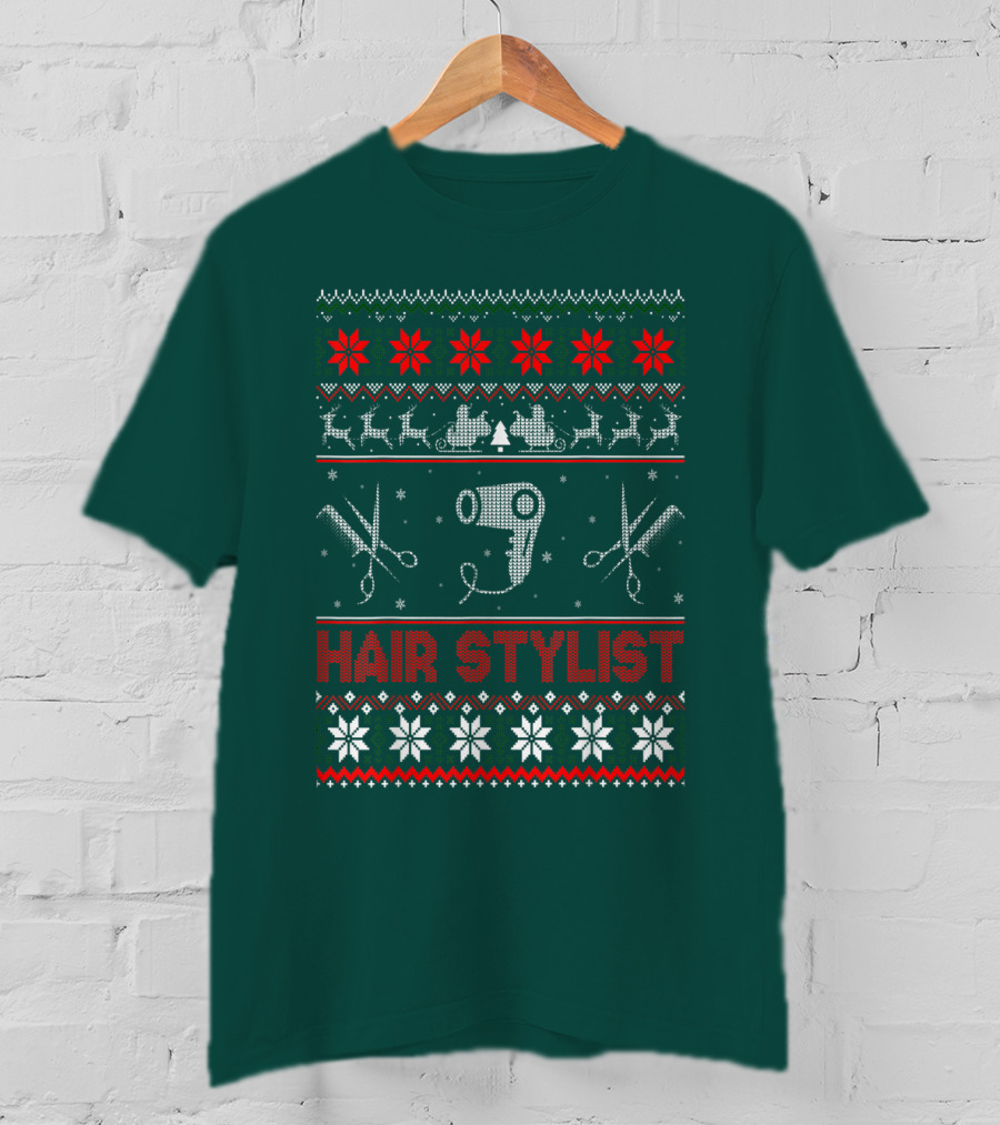 Hair Stylist Ugly Christmas Sweater Scissors And Hairdryer T-Shirt