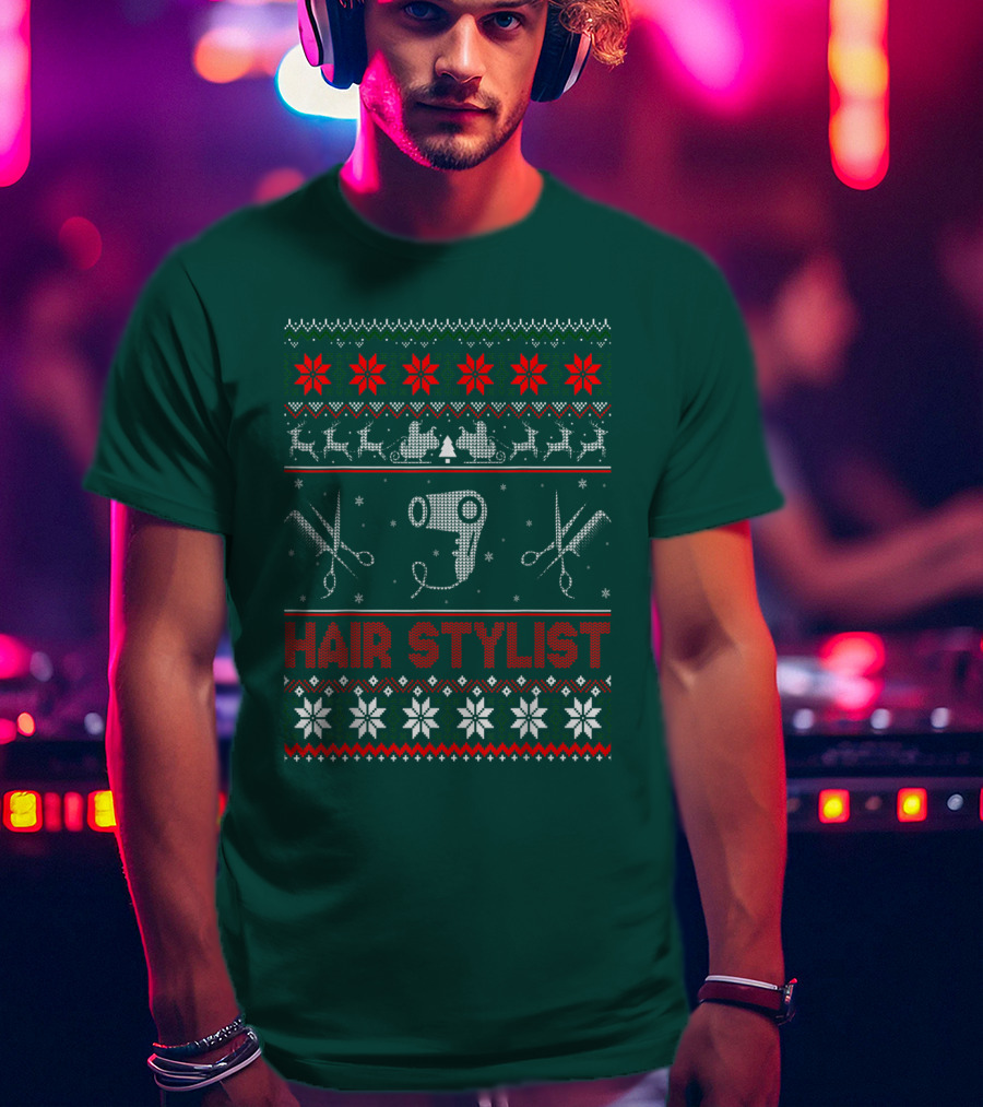 Hair Stylist Ugly Christmas Sweater Scissors And Hairdryer T-Shirt