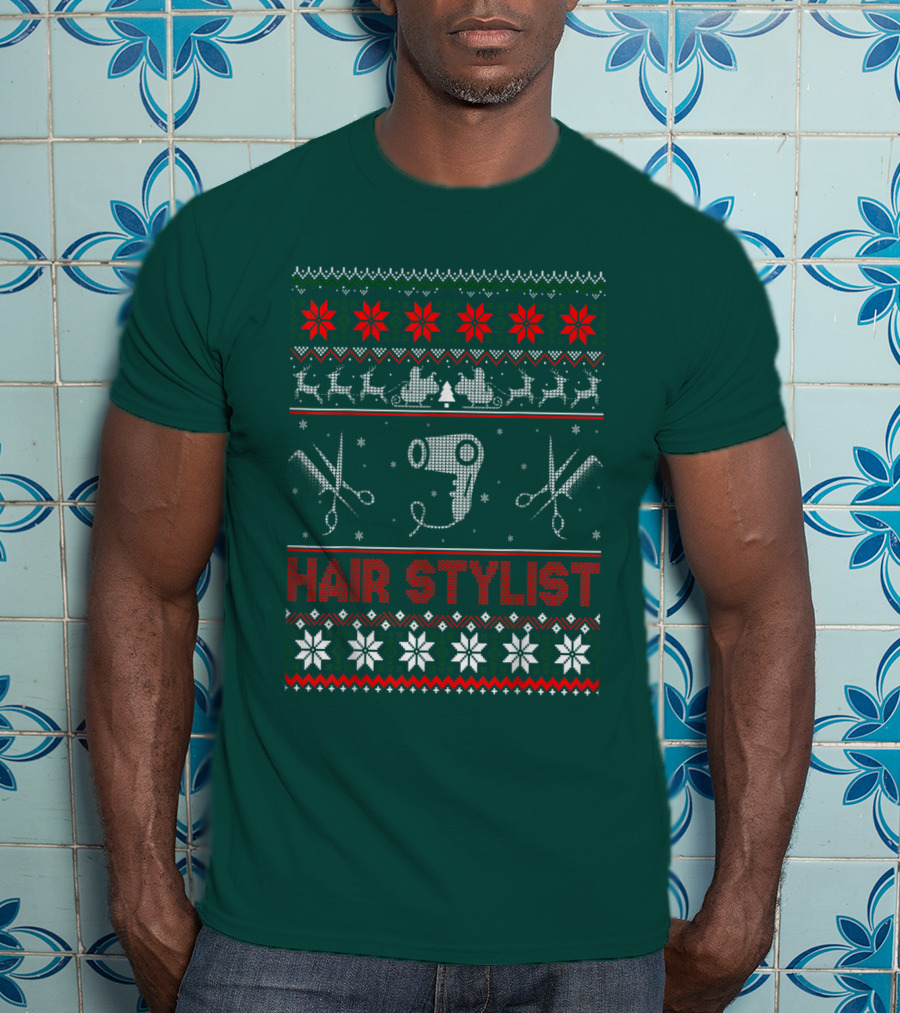 Hair Stylist Ugly Christmas Sweater Scissors And Hairdryer T-Shirt