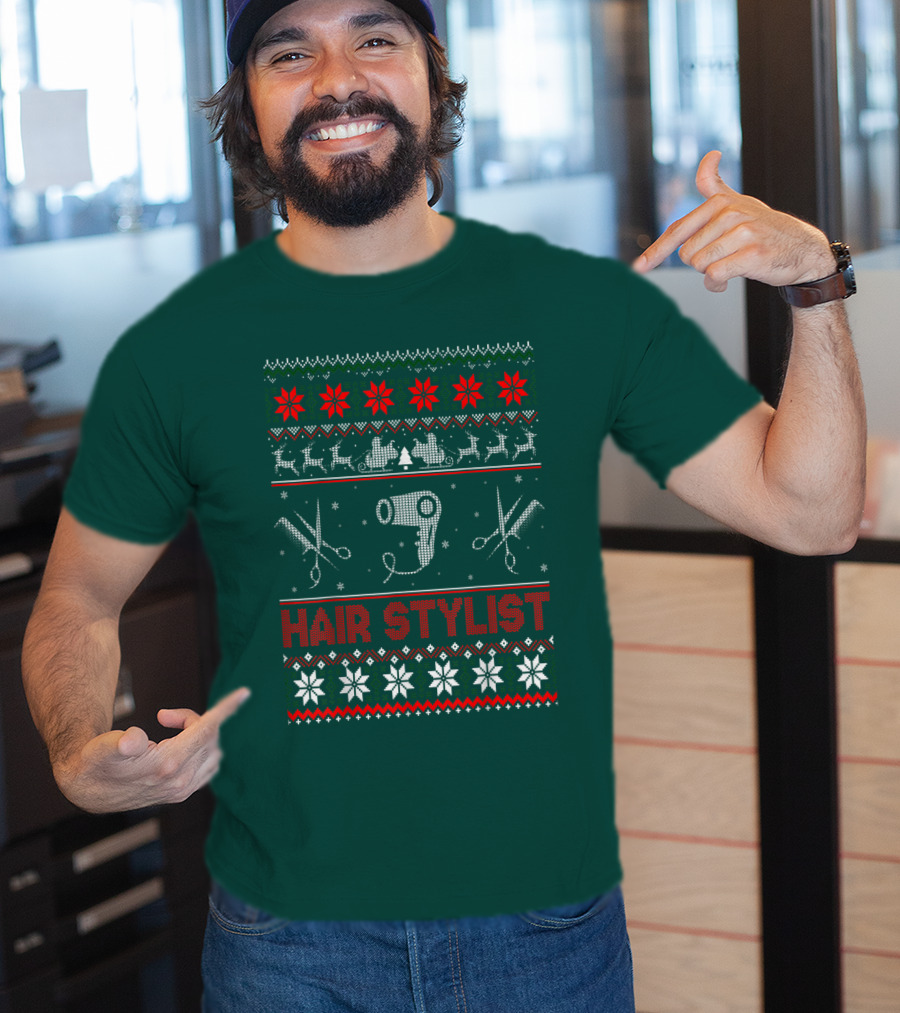 Hair Stylist Ugly Christmas Sweater Scissors And Hairdryer T-Shirt