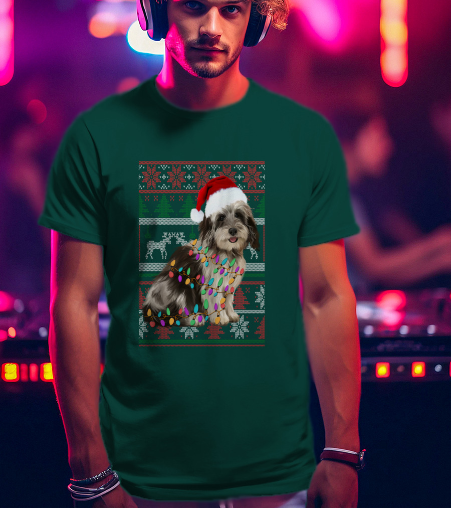 Havanese Festive Christmas Lights Santa Hat Ugly T-Shirt