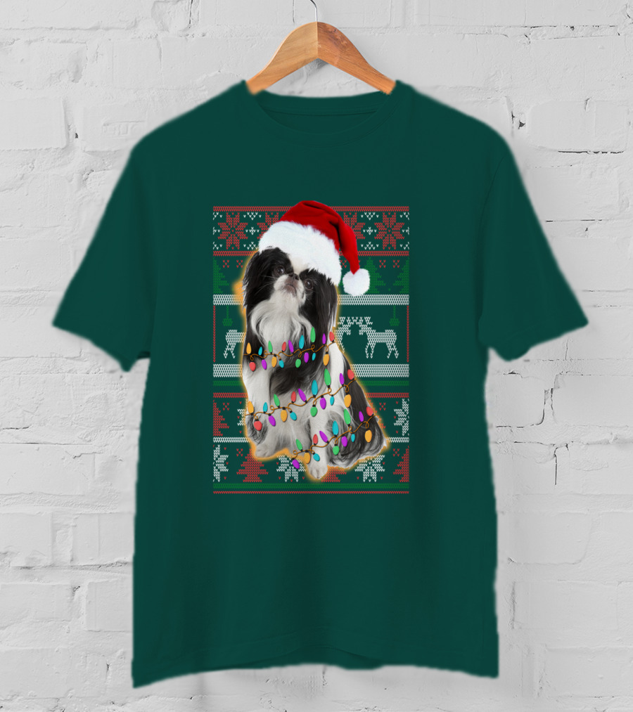 Japanese Chin Christmas Lights Sweater Santa Hat T-Shirt
