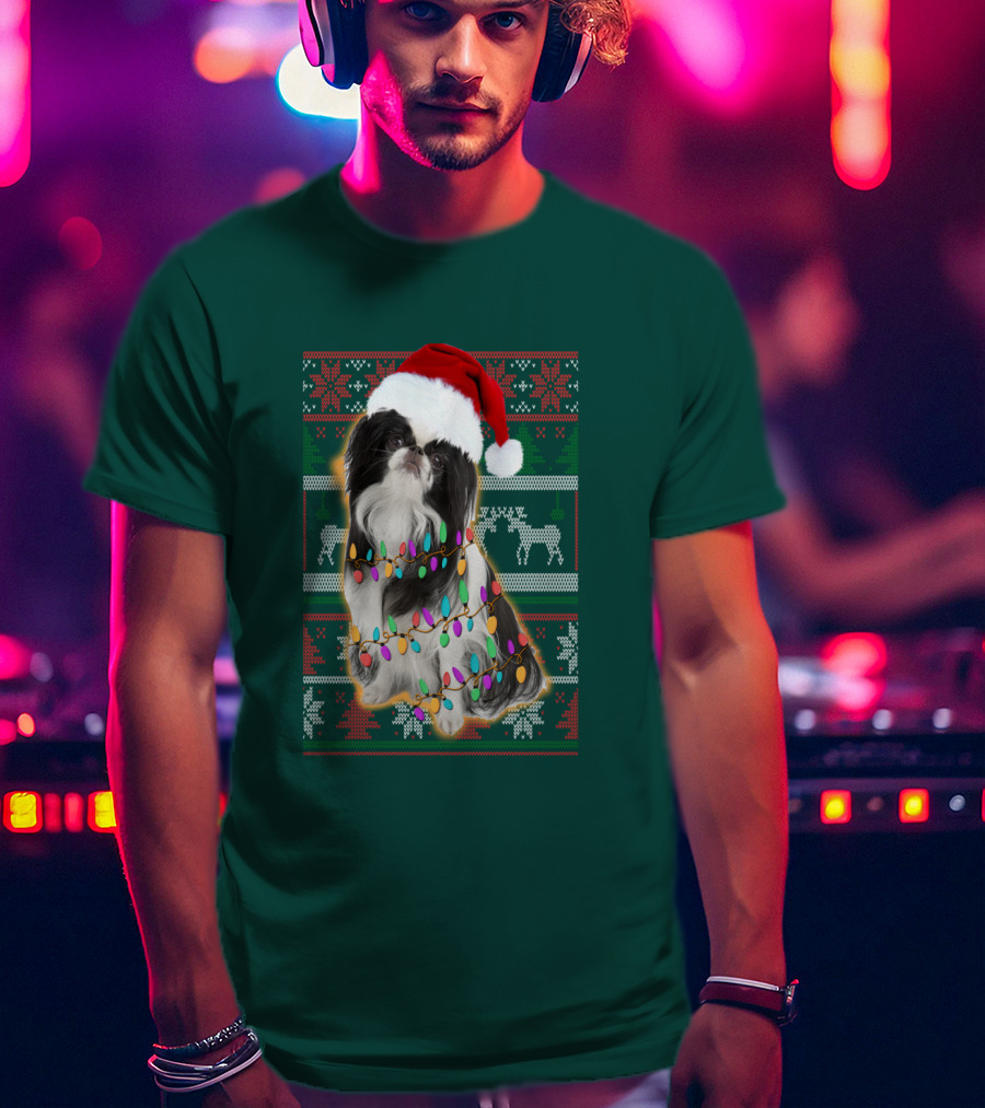 Japanese Chin Christmas Lights Sweater Santa Hat T-Shirt