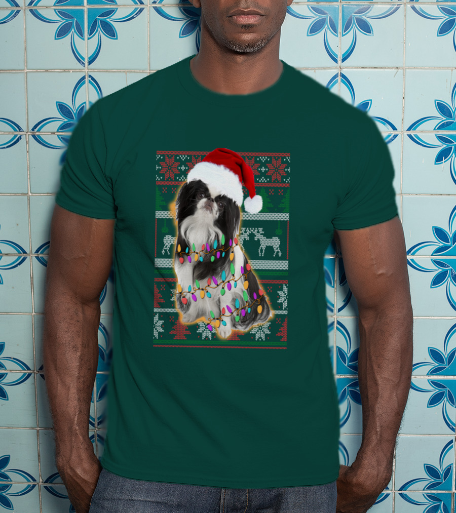 Japanese Chin Christmas Lights Sweater Santa Hat T-Shirt