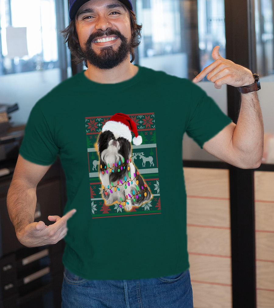Japanese Chin Christmas Lights Sweater Santa Hat T-Shirt