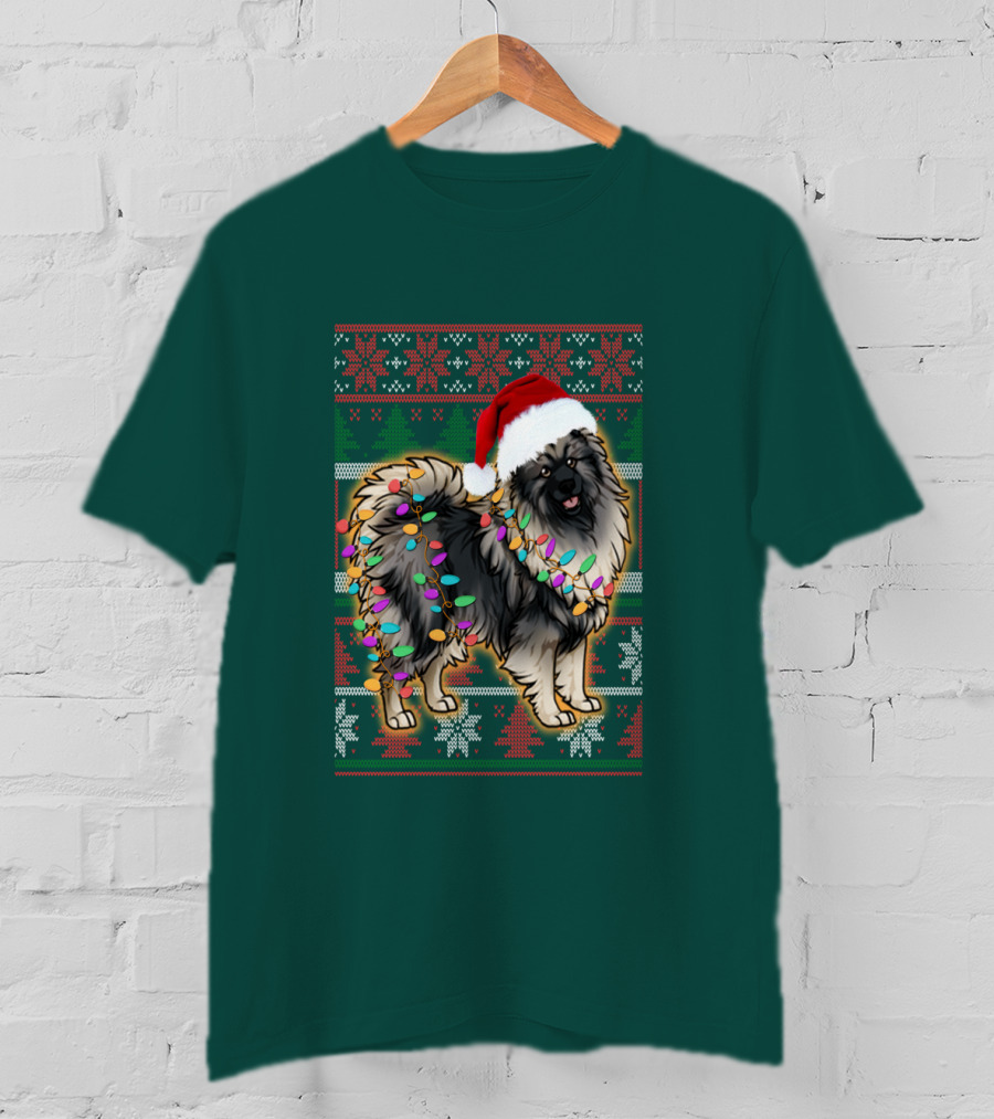 Keeshond Christmas Santa Hat And Lights Festive T-Shirt