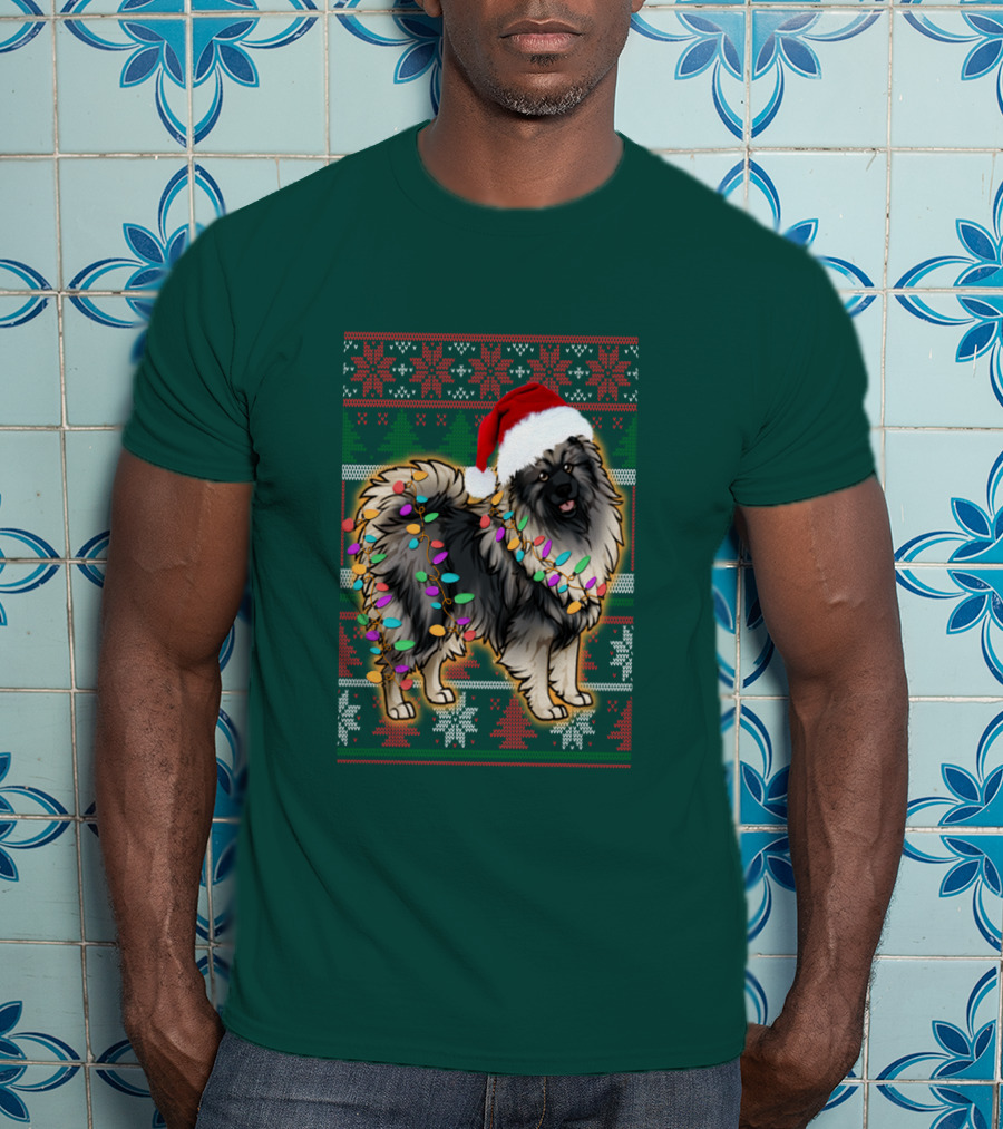 Keeshond Christmas Santa Hat And Lights Festive T-Shirt