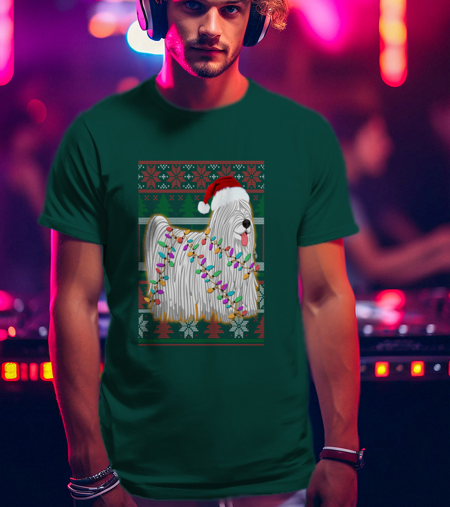 Komondor Christmas Lights Ugly Sweater Santa Hat T-Shirt