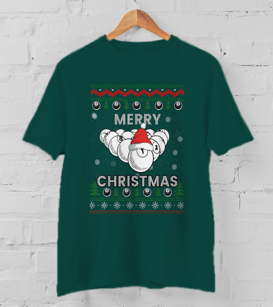 Merry Christmas Santa Hat Billiards Pool Balls Holiday Snowflakes T-Shirt