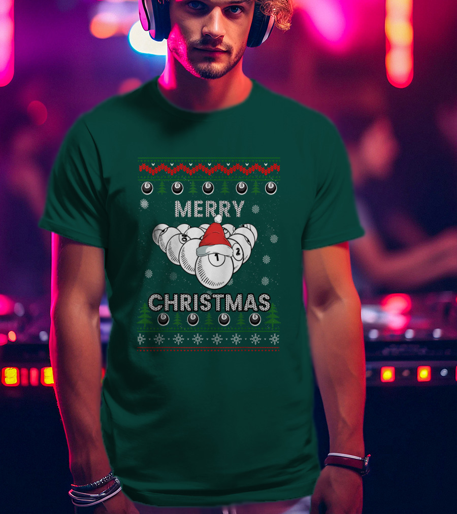 Merry Christmas Santa Hat Billiards Pool Balls Holiday Snowflakes T-Shirt