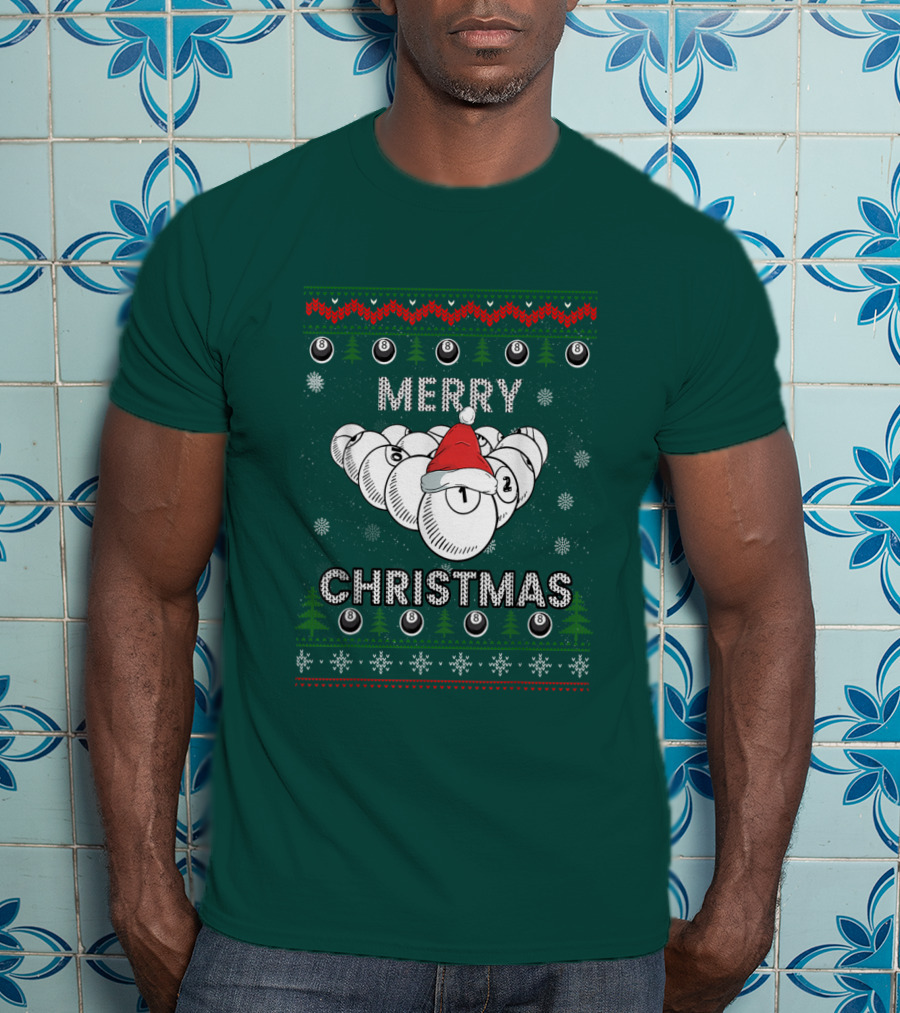 Merry Christmas Santa Hat Billiards Pool Balls Holiday Snowflakes T-Shirt