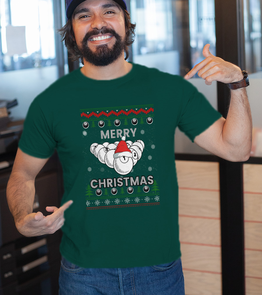 Merry Christmas Santa Hat Billiards Pool Balls Holiday Snowflakes T-Shirt