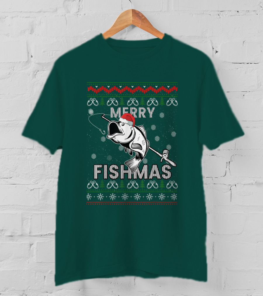 Merry Fishmas Fishing Santa Hat Bass Ugly Christmas T-Shirt