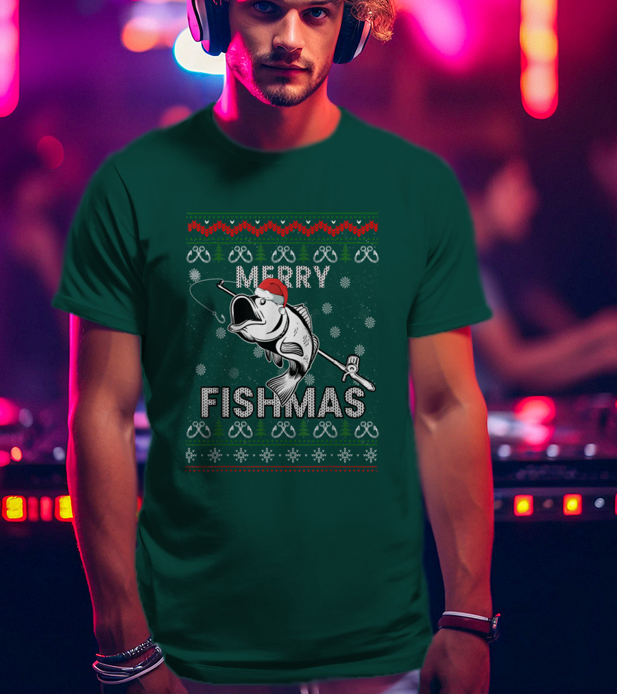 Merry Fishmas Fishing Santa Hat Bass Ugly Christmas T-Shirt
