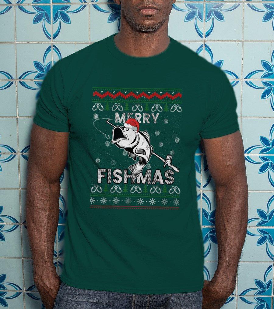 Merry Fishmas Fishing Santa Hat Bass Ugly Christmas T-Shirt