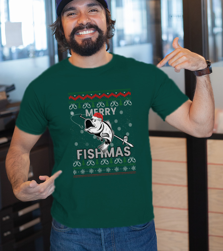 Merry Fishmas Fishing Santa Hat Bass Ugly Christmas T-Shirt