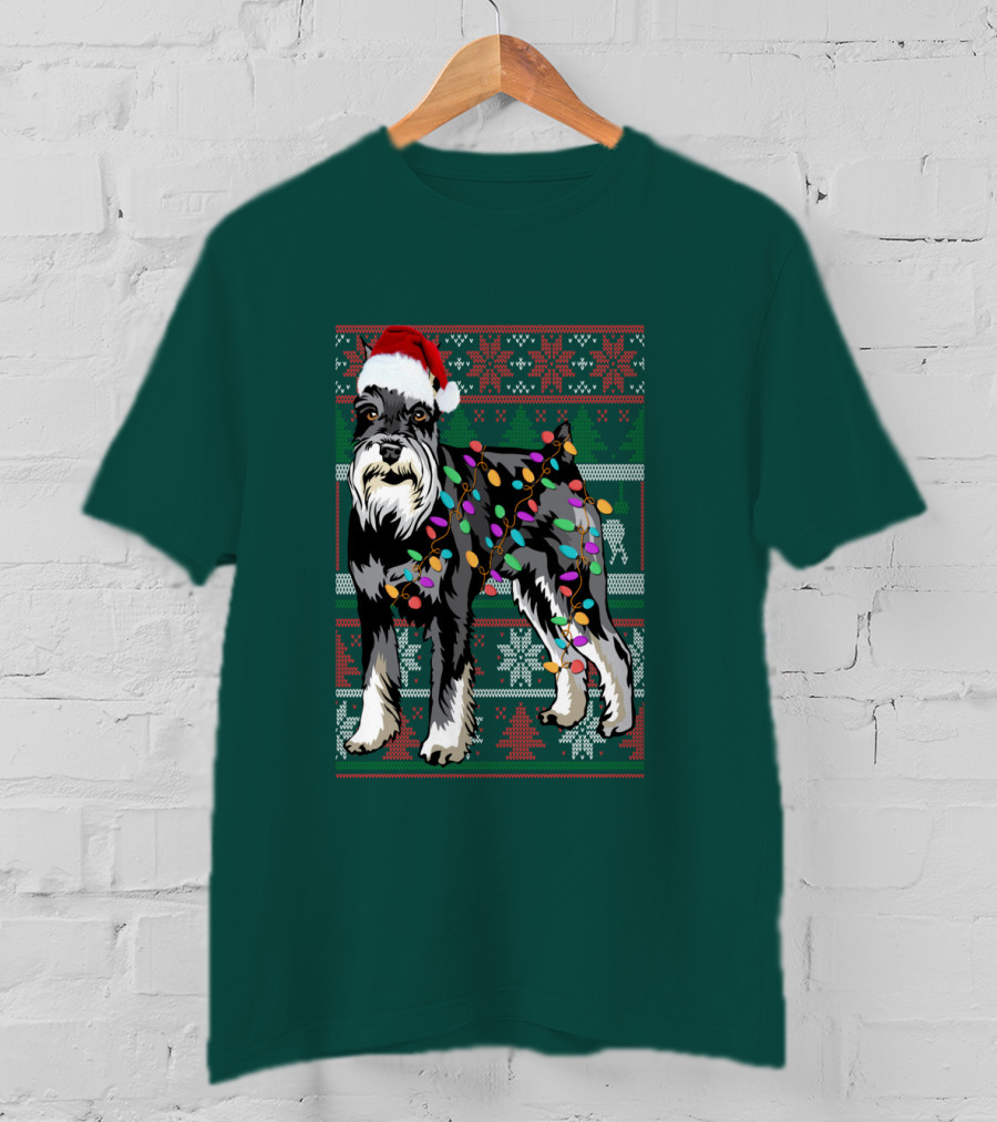Miniature Schnauzer Christmas Sweater Santa Hat And Holiday Lights T-Shirt