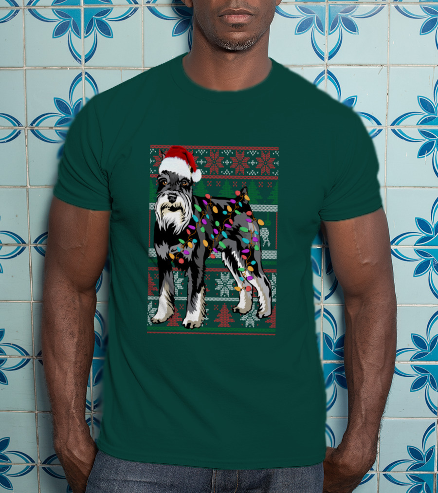 Miniature Schnauzer Christmas Sweater Santa Hat And Holiday Lights T-Shirt
