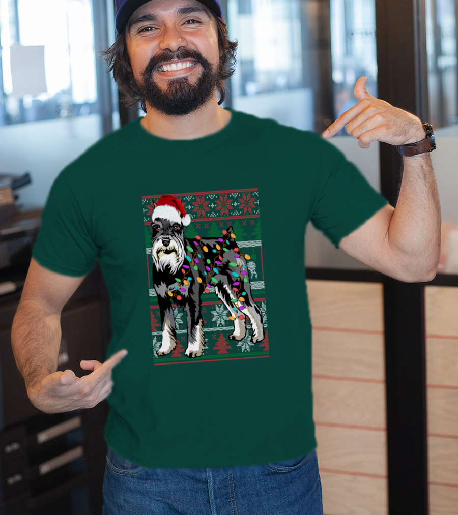 Miniature Schnauzer Christmas Sweater Santa Hat And Holiday Lights T-Shirt