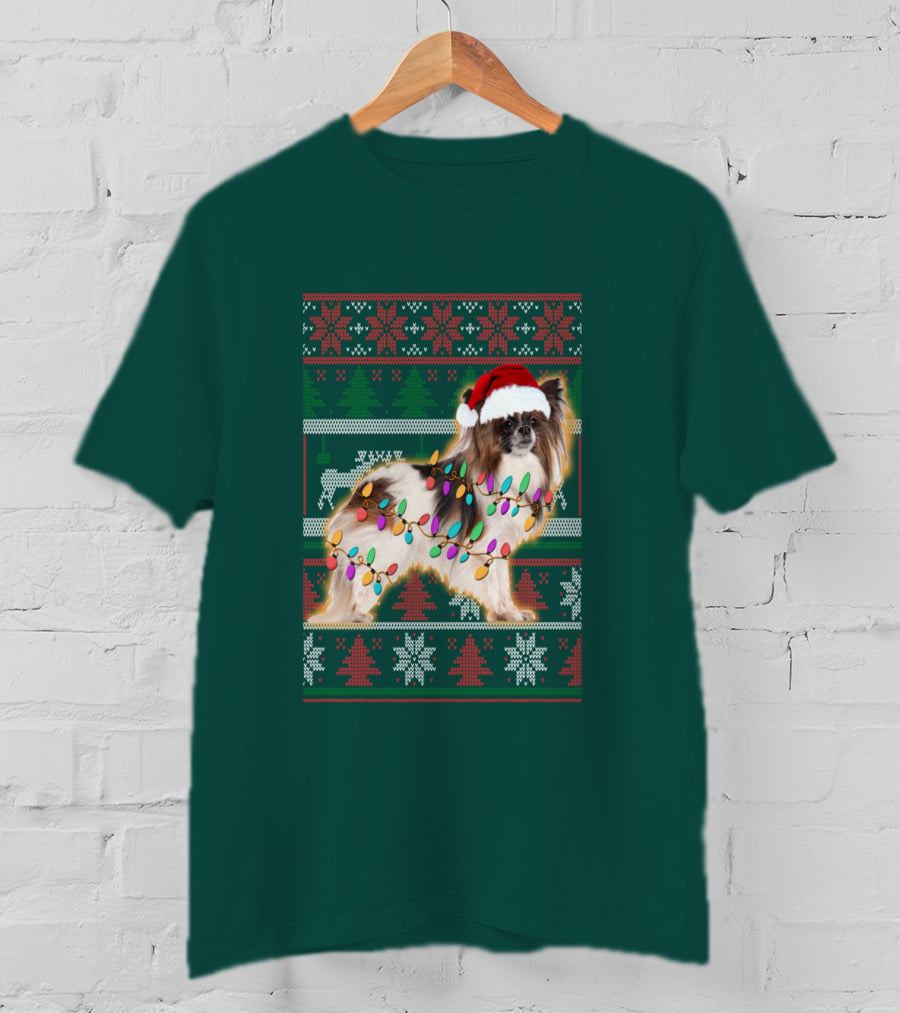 Papillon Dog In Christmas Sweater With Lights And Santa Hat T-Shirt