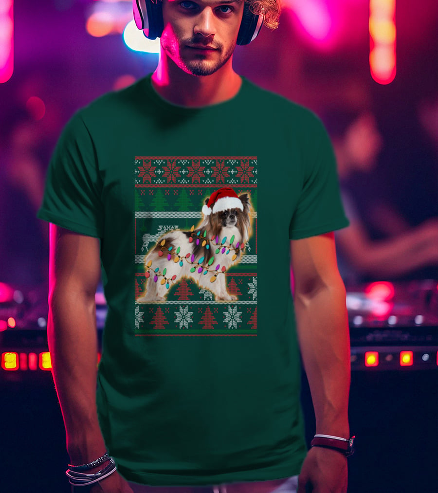Papillon Dog In Christmas Sweater With Lights And Santa Hat T-Shirt