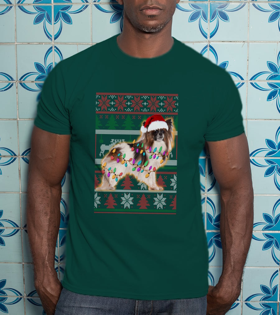 Papillon Dog In Christmas Sweater With Lights And Santa Hat T-Shirt