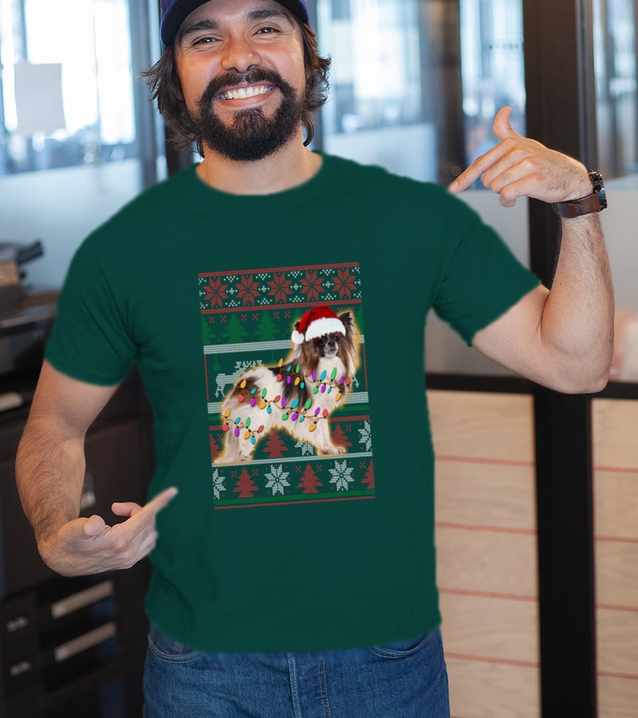 Papillon Dog In Christmas Sweater With Lights And Santa Hat T-Shirt