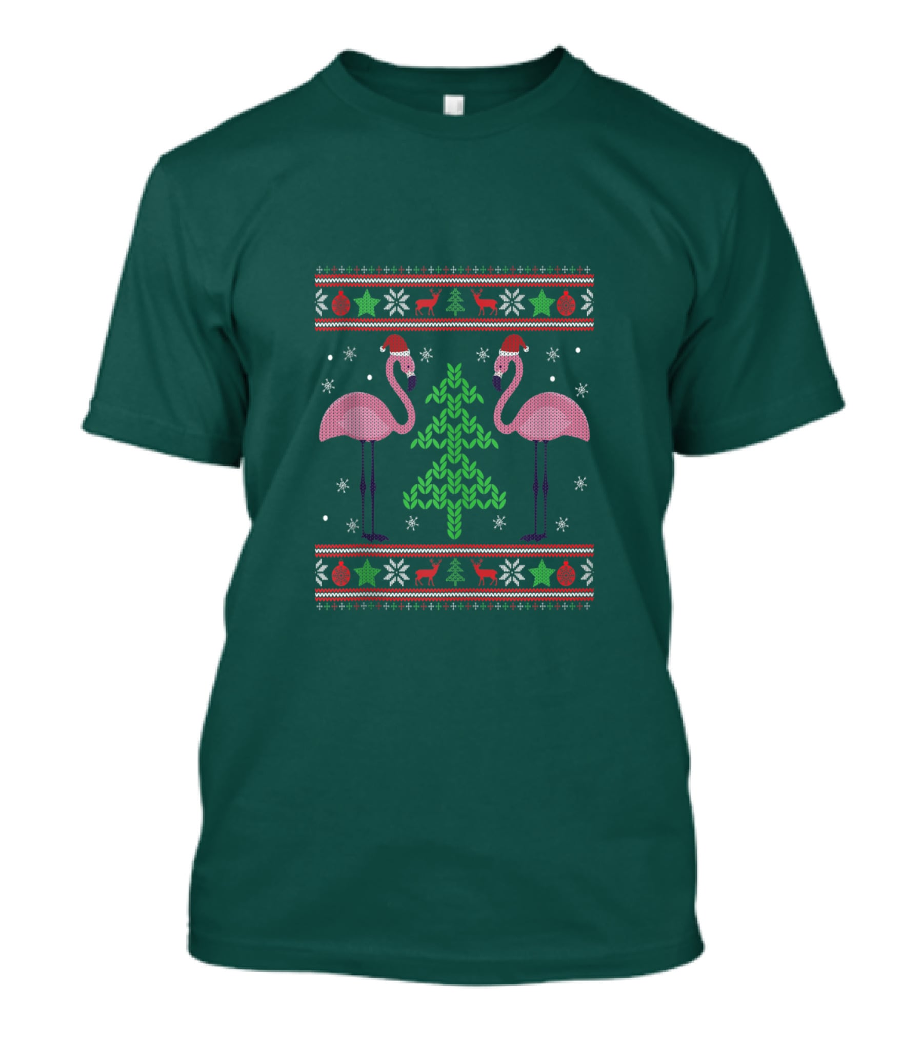 Pink Flamingos Santa Hat Christmas Tree Ugly T-Shirt