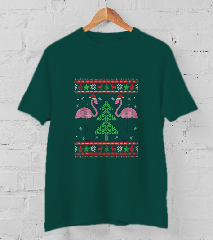 Pink Flamingos Santa Hat Christmas Tree Ugly T-Shirt