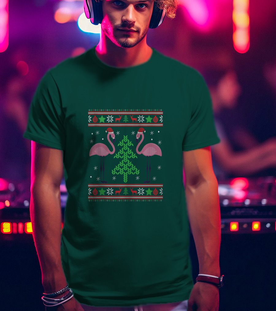 Pink Flamingos Santa Hat Christmas Tree Ugly T-Shirt