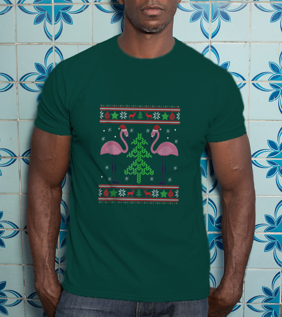 Pink Flamingos Santa Hat Christmas Tree Ugly T-Shirt