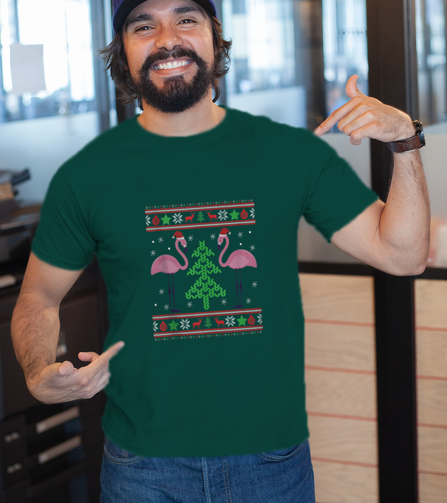 Pink Flamingos Santa Hat Christmas Tree Ugly T-Shirt