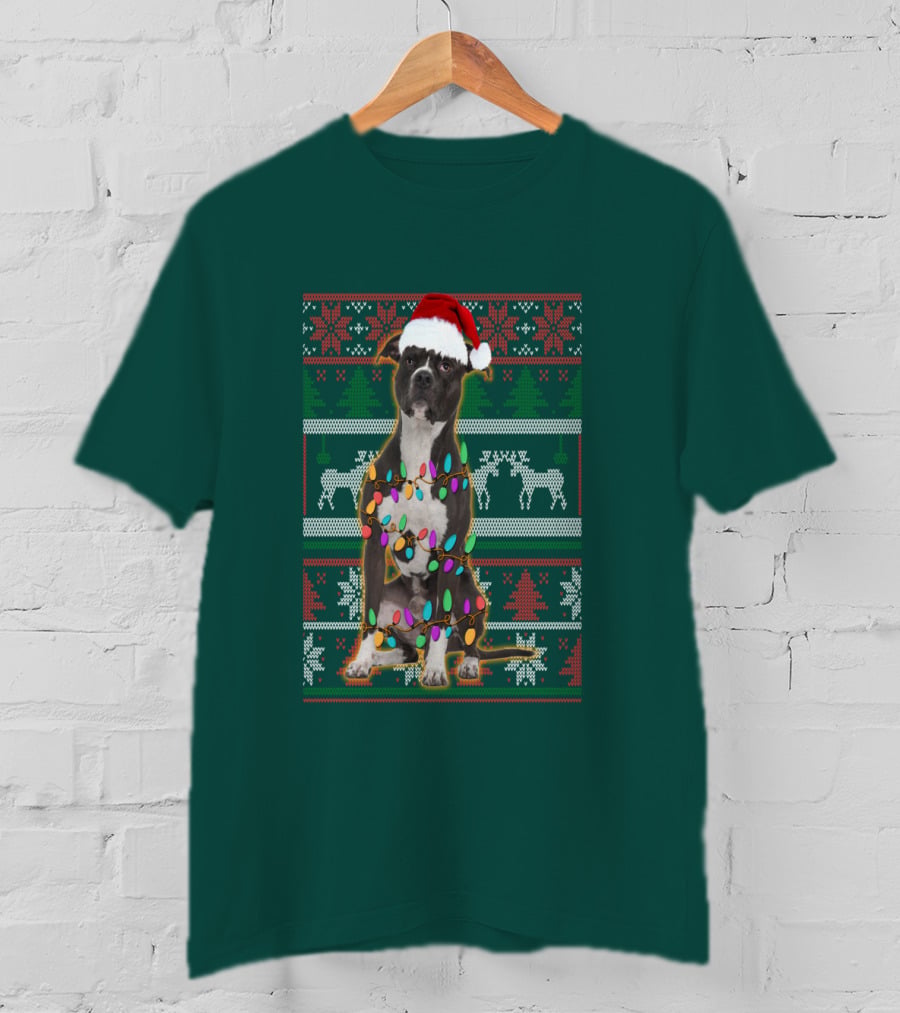 Pitbull Christmas Sweater With Santa Hat And Holiday Lights T-Shirt
