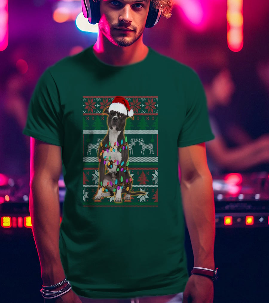 Pitbull Christmas Sweater With Santa Hat And Holiday Lights T-Shirt