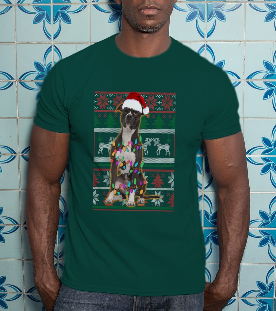 Pitbull Christmas Sweater With Santa Hat And Holiday Lights T-Shirt