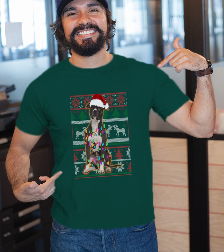 Pitbull Christmas Sweater With Santa Hat And Holiday Lights T-Shirt