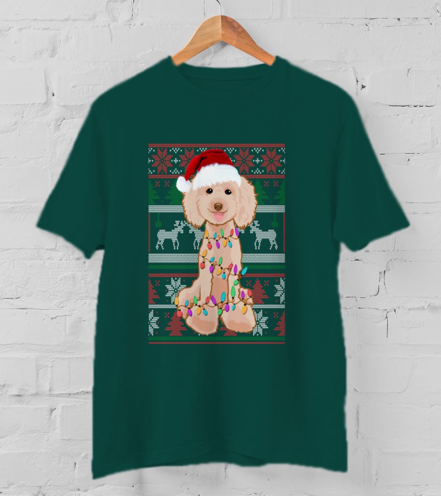 Poodle Santa Hat Christmas Lights Ugly Sweater Reindeer Snowflakes T-Shirt