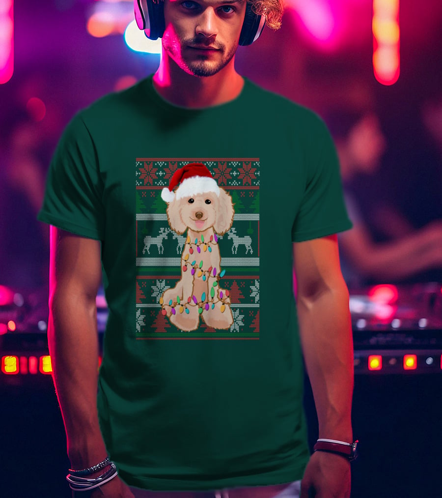Poodle Santa Hat Christmas Lights Ugly Sweater Reindeer Snowflakes T-Shirt