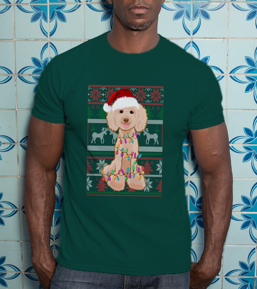 Poodle Santa Hat Christmas Lights Ugly Sweater Reindeer Snowflakes T-Shirt