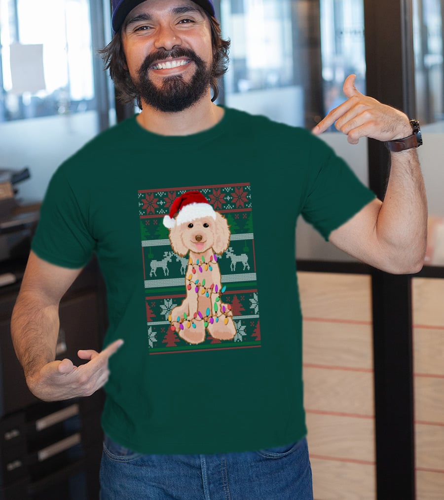 Poodle Santa Hat Christmas Lights Ugly Sweater Reindeer Snowflakes T-Shirt
