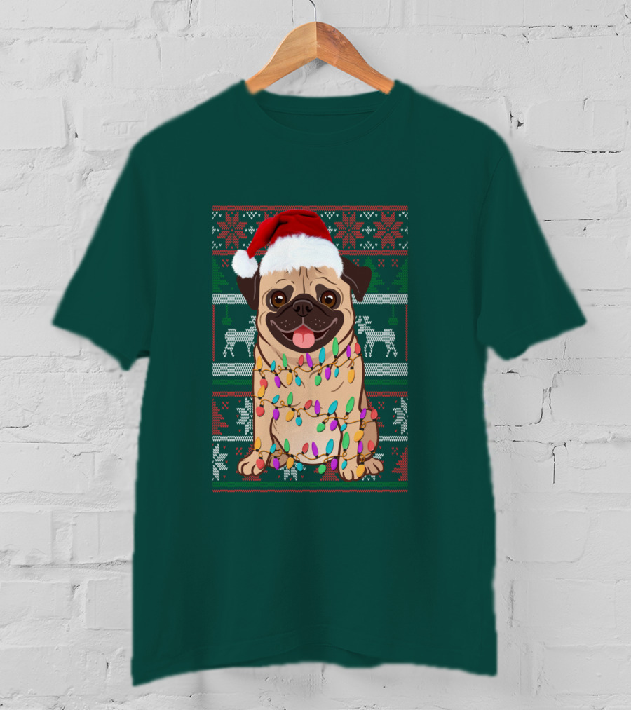 Pug Christmas Santa Hat Holiday Lights Sweater Reindeer T-Shirt
