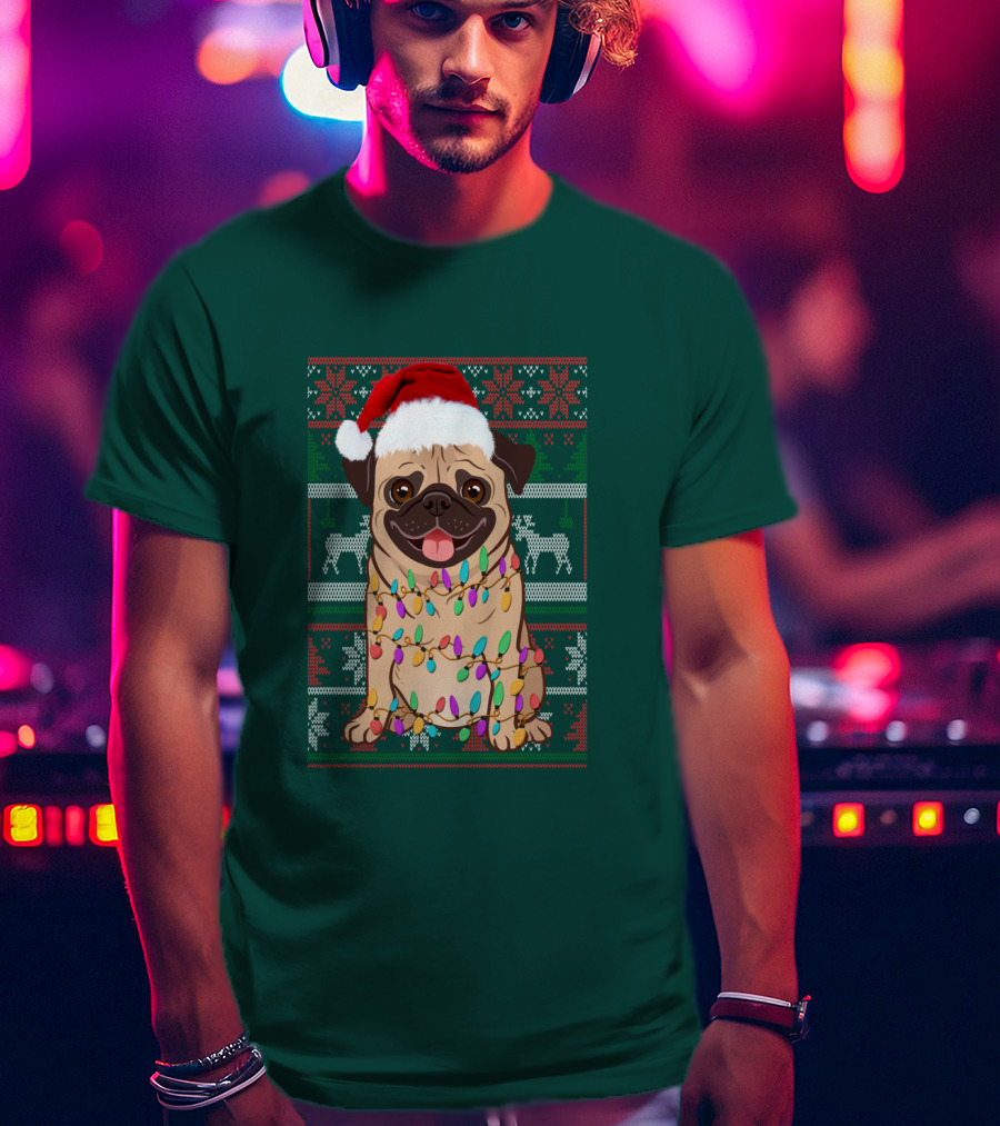 Pug Christmas Santa Hat Holiday Lights Sweater Reindeer T-Shirt