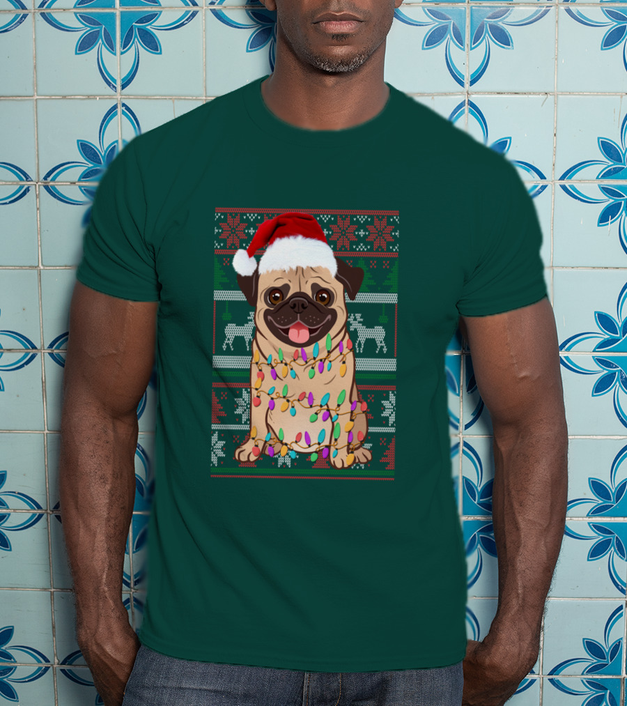 Pug Christmas Santa Hat Holiday Lights Sweater Reindeer T-Shirt