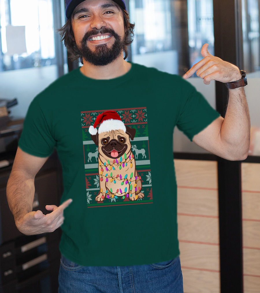 Pug Christmas Santa Hat Holiday Lights Sweater Reindeer T-Shirt