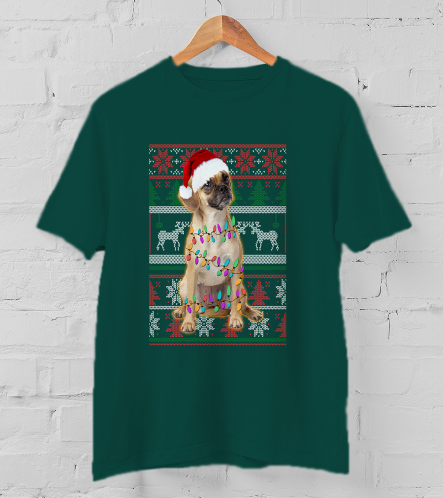 Puggle Christmas Santa Hat With Holiday Lights T-Shirt