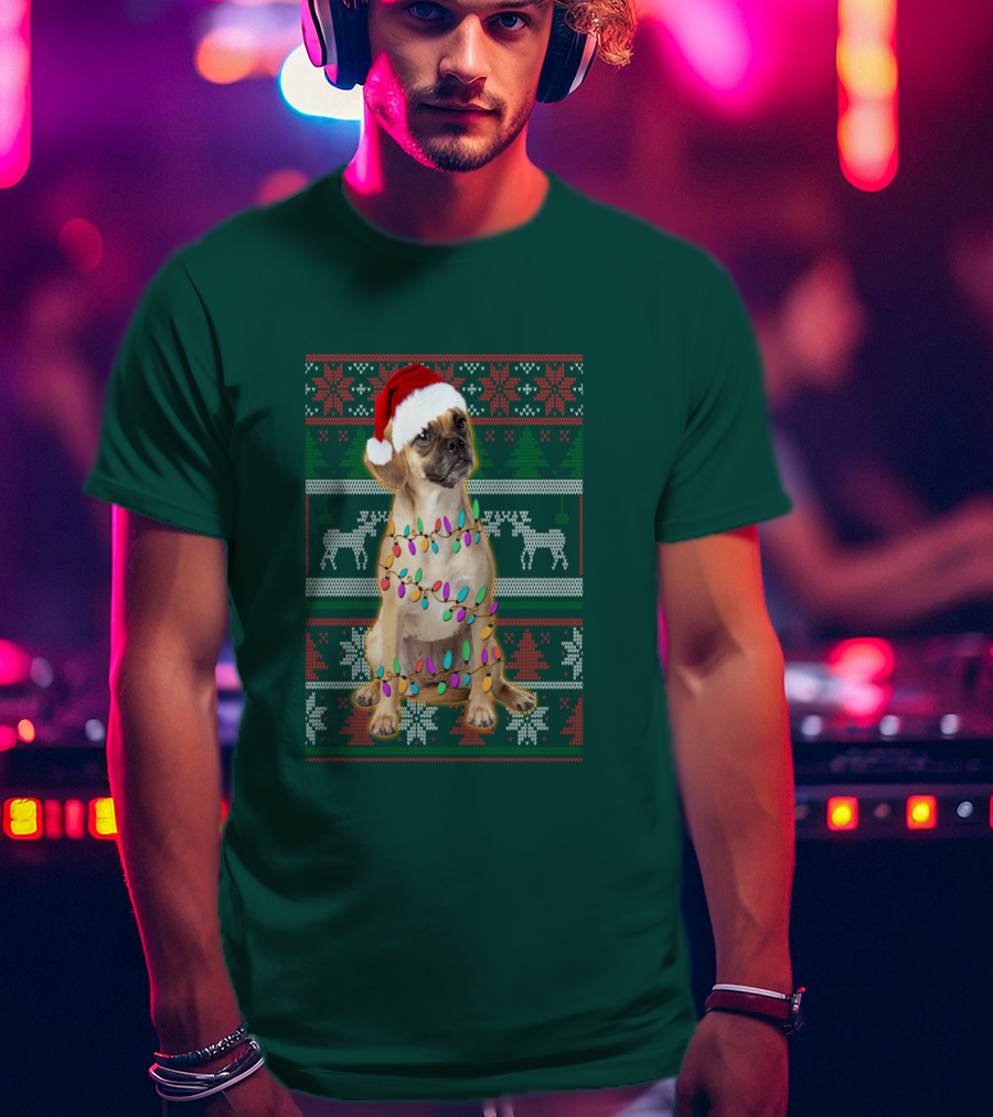 Puggle Christmas Santa Hat With Holiday Lights T-Shirt