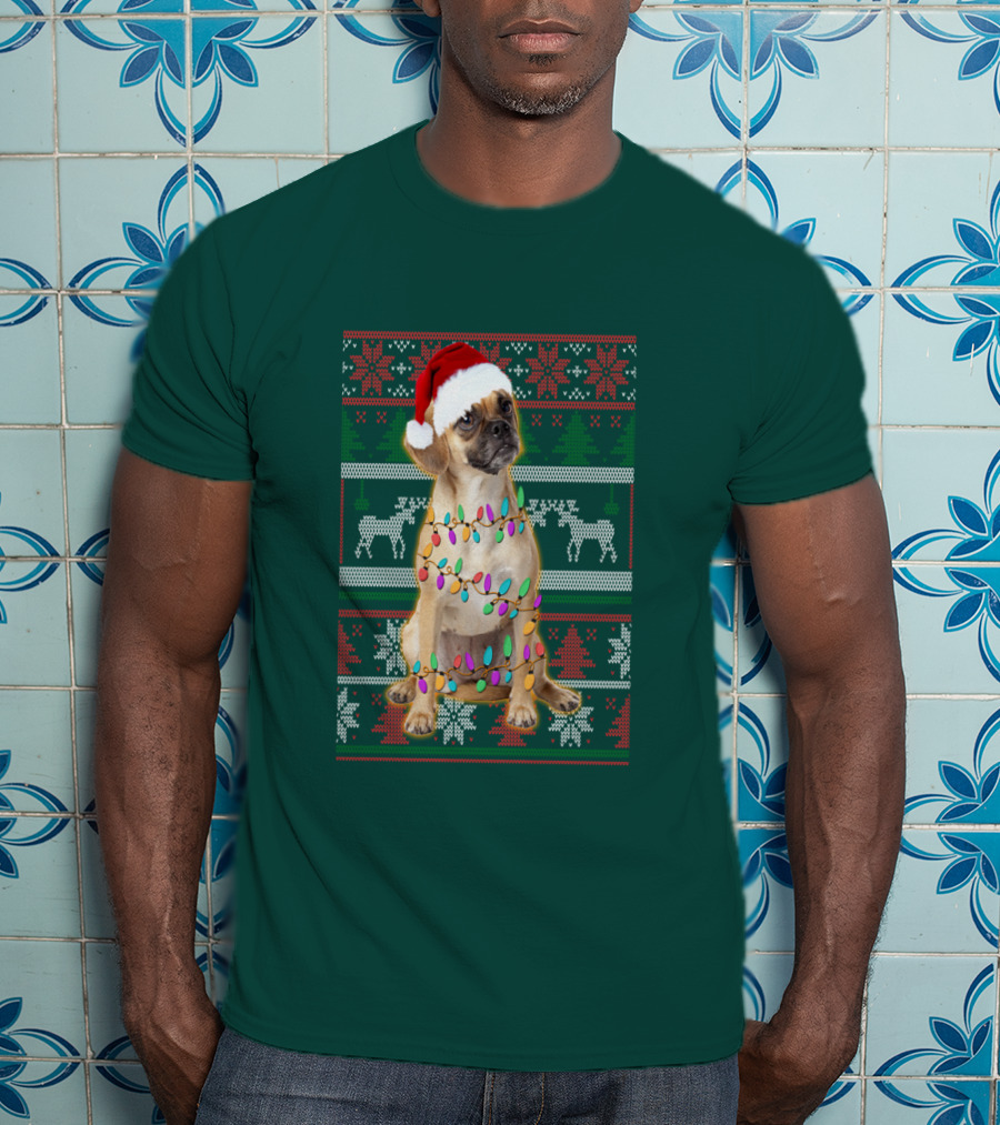 Puggle Christmas Santa Hat With Holiday Lights T-Shirt