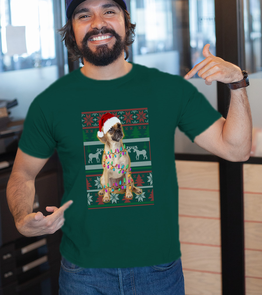 Puggle Christmas Santa Hat With Holiday Lights T-Shirt