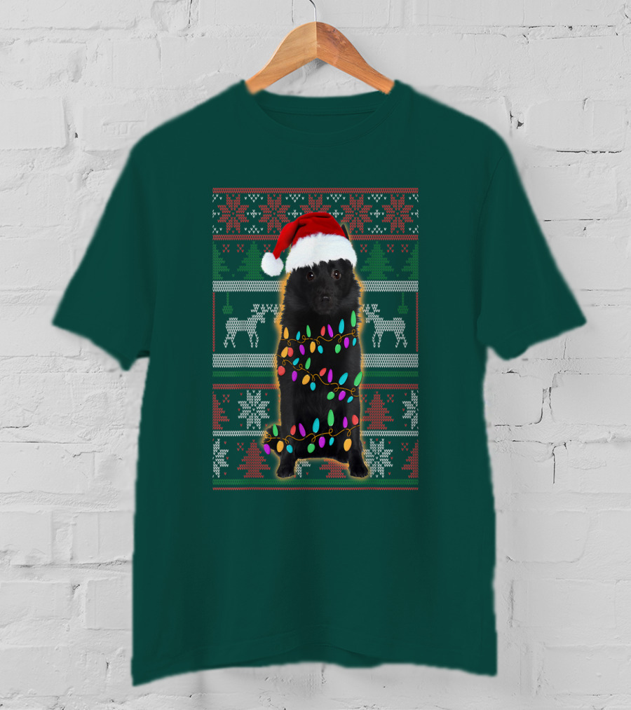 Schipperke Santa Hat Festive Christmas Lights Ugly T-Shirt